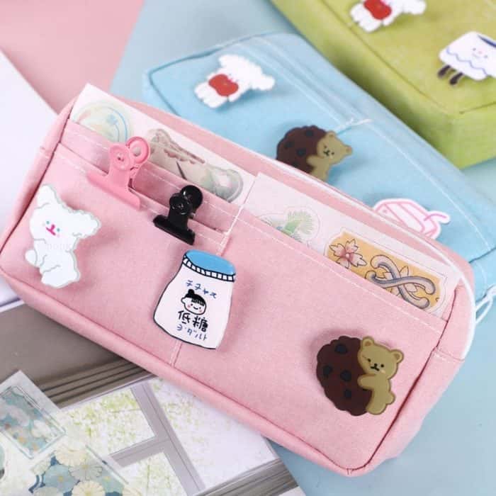 Kawaii Purple Canvas Pencil Case Cute Animal Badge Pink Pencilcases Large School Pencil Bags for Maiden Girl Stationery Supplies 4