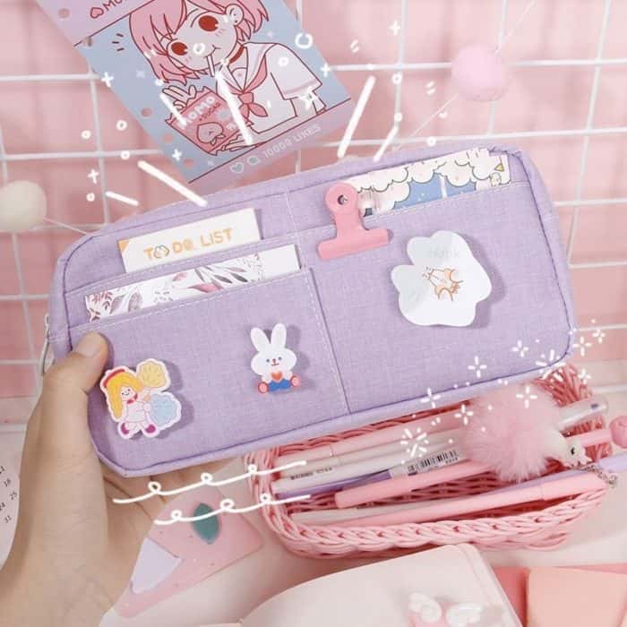 Kawaii Purple Canvas Pencil Case Cute Animal Badge Pink Pencilcases Large School Pencil Bags for Maiden Girl Stationery Supplies 1