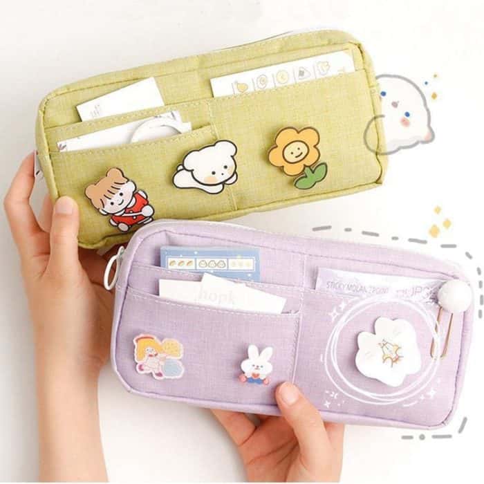 Kawaii Purple Canvas Pencil Case Cute Animal Badge Pink Pencilcases Large School Pencil Bags for Maiden Girl Stationery Supplies 5
