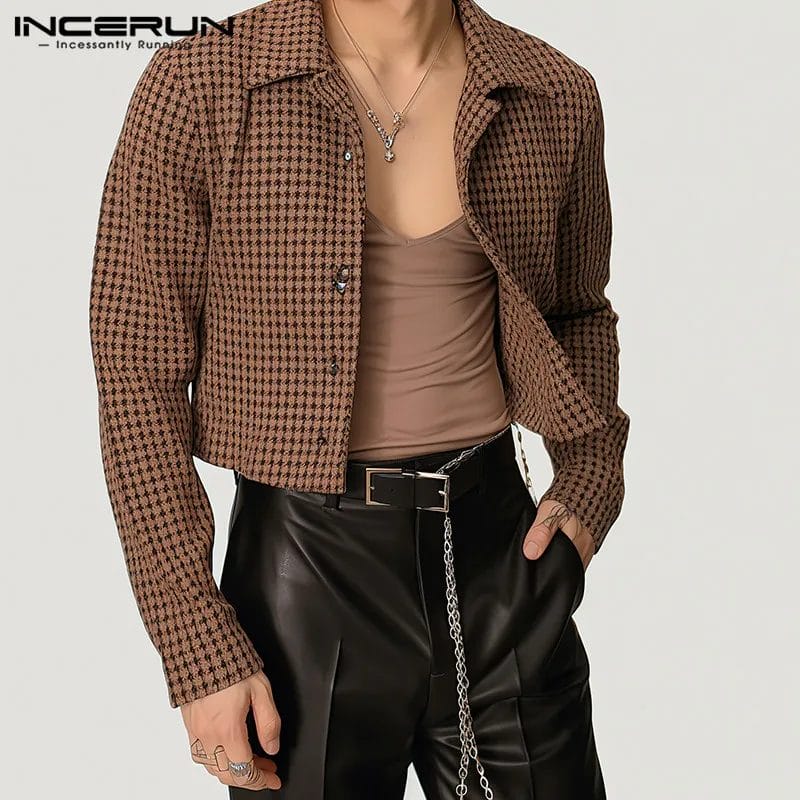 2024 Men's Jackets Plaid Lapel Long Sleeve Button Fashion Casual Male Crop Coats Spring Streetwear Thin Jackets S-5XL INCERUN 1