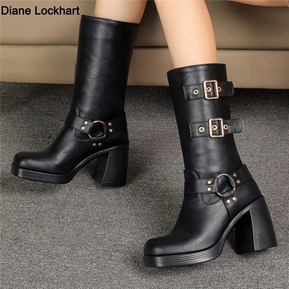 Brand Autumn Winter Ladies Motorcycle Booties Black Gothic Style Cool Punk Buckle Mid-Calf Boots Comfy Platform Hight Heels 1