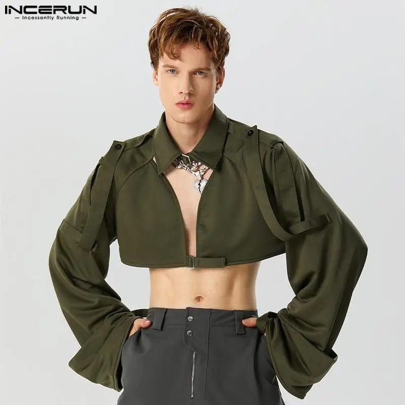 Men Hoodies Solid Color Lapel Long Sleeve Hollow Out Streetwear Male Crop Tops 2023 Fashion Casual Sweatshirts S-3XL INCERUN 1