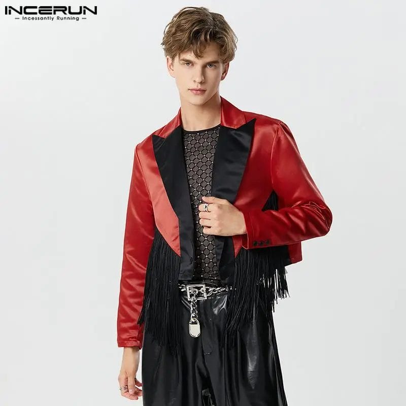 2023 Men Blazer Patchwork Tassel Lapel Long Sleeve One Button Casual Male Suits Streetwear Fashion Crop Coats Men S-5XL INCERUN 1
