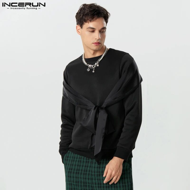 2023 Men Hoodies Satin Patchwork O-neck Long Sleeve Lace Up Loose Pullovers Streetwear Fashion Casual Sweatshirts S-5XL INCERUN 1