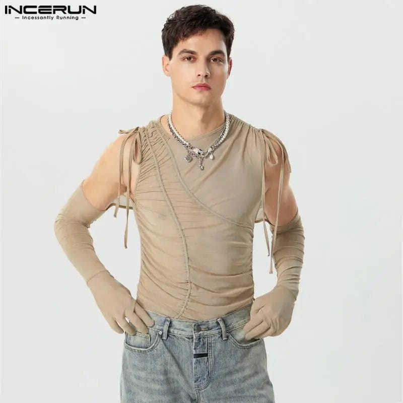 2023 Men T Shirt Pleated Mesh Transparent Lace Up Solid Irregular Tee Tops Streetwear Off Shoulder Long Sleeve Camsietas INCERUN 1