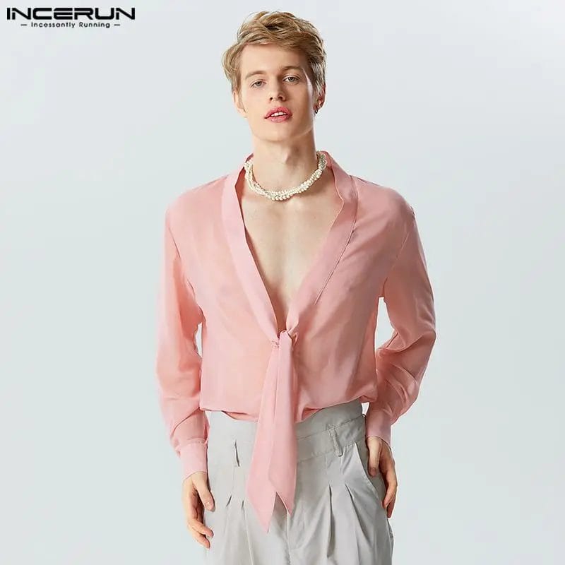 2023 Fashion Men Shirt Solid Color V Neck Long Sleeve Lace Up Camisas Streetwear Transparent Casual Men Clothing INCERUN S-5XL 1