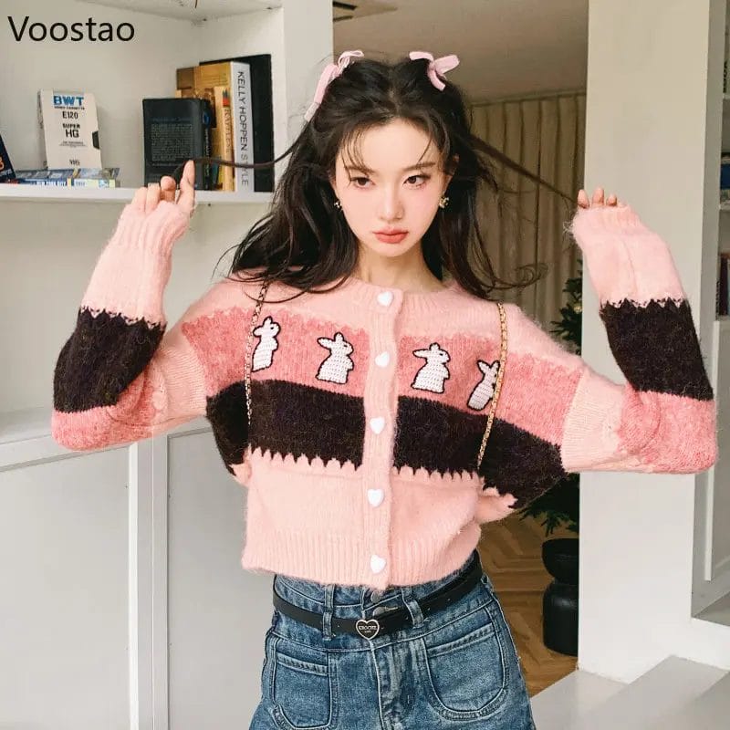 Y2k Fashion Kawaii Bunny Knitted Cardigan Spring Women Sweet O-Neck Striped Loose Sweater Coat Autumn Female Chic Knitwear Tops 1