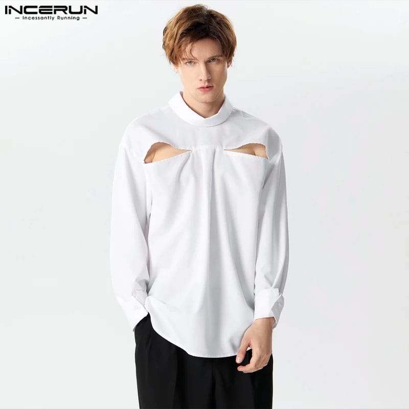 Men Shirt Solid Color Turtleneck Long Sleeve Hollow Out Loose Men Clothing Streetwear 2024 Fashion Casual Camisas S-5XL INCERUN 1