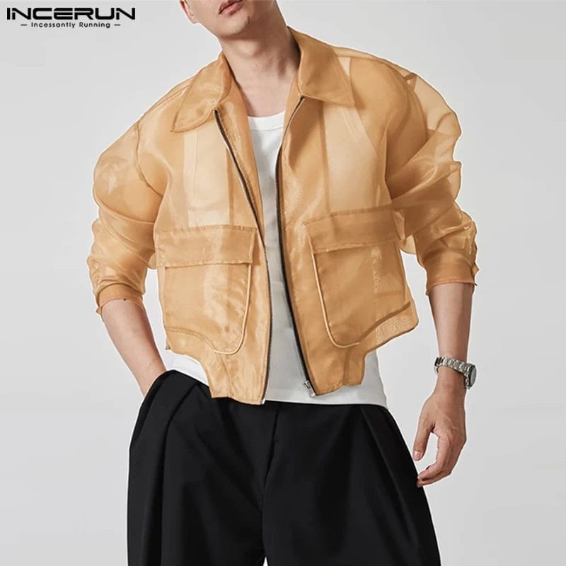 Men Irregular Jackets Mesh Transparent Zipper Lapel Long Sleeve Crop Coats Men Streetwear Solid 2024 Stylish Jackets INCERUN 1