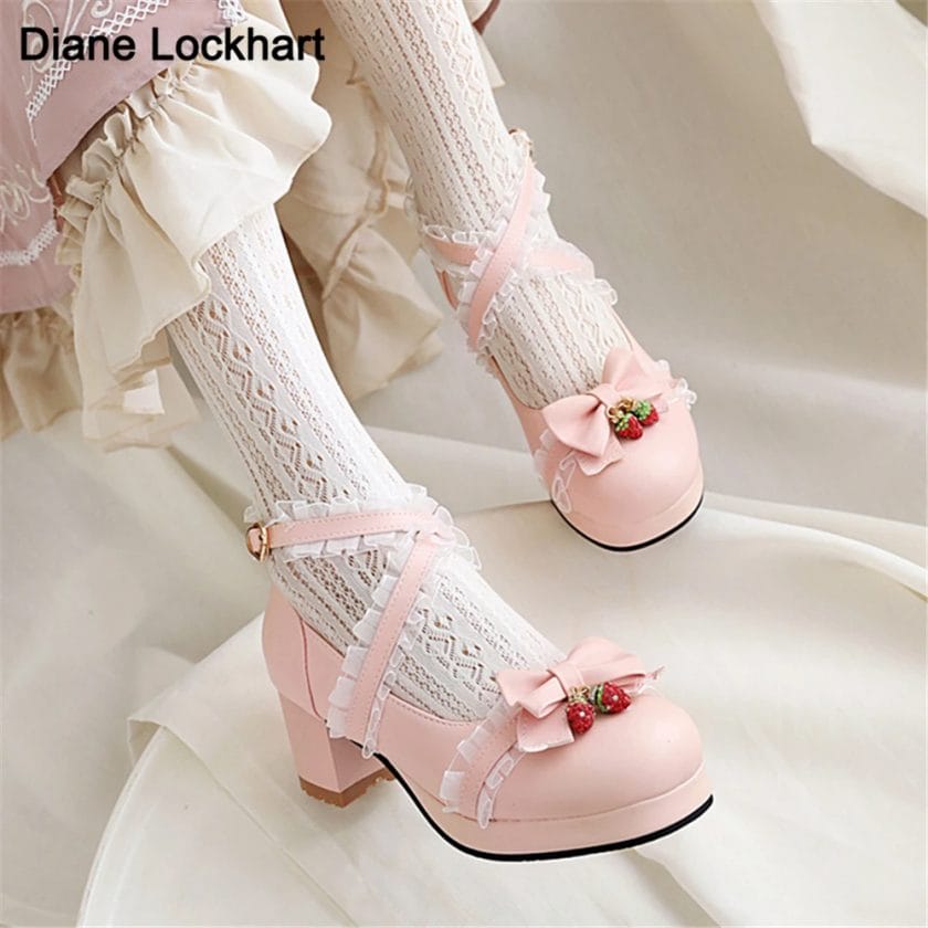 2023 Spring Lolita Pink Mary Janes Women High Heels Shoes Sweet Bowknot Ruffles Lace Dress Party Wedding Shoes Bridal Princess 1