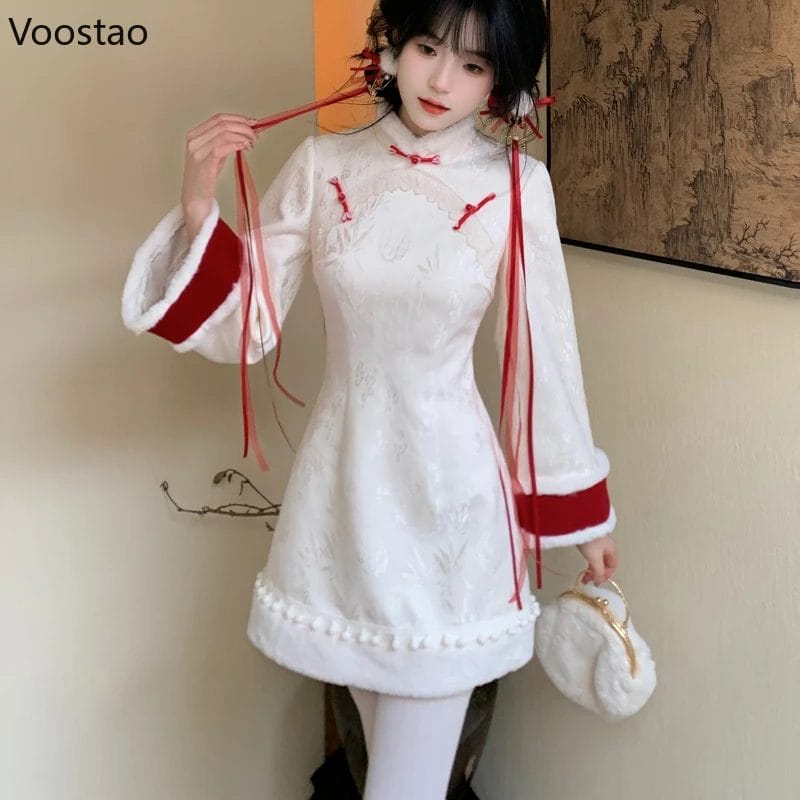 Autumn Winter Chinese Style Vintage Cheongsam Women Sweet Lolita Lace Ruffles Jacquard Warm Party Dress Harajuku Y2k Mini Dress 1