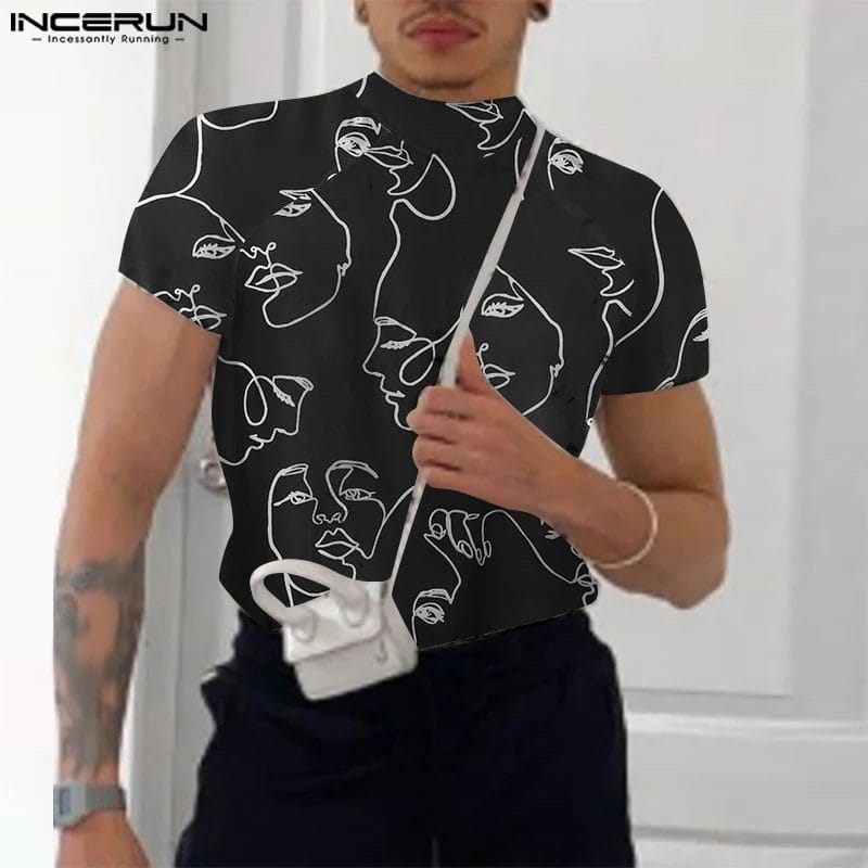 Summer Men T Shirt Printing Turtleneck Short Sleeve Skinny Male Tee Tops 2023 Stylish Casual Streetwear Camisetas S-5XL INCERUN 1