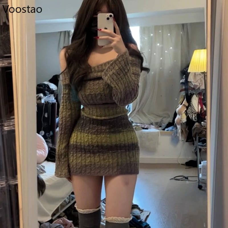 Spicy Girls Off Shoulder Knitted Striped Dress Women Spring Slim Long Sleeve Wrapped Hip Short Dresses Fashion Female Sweater 1