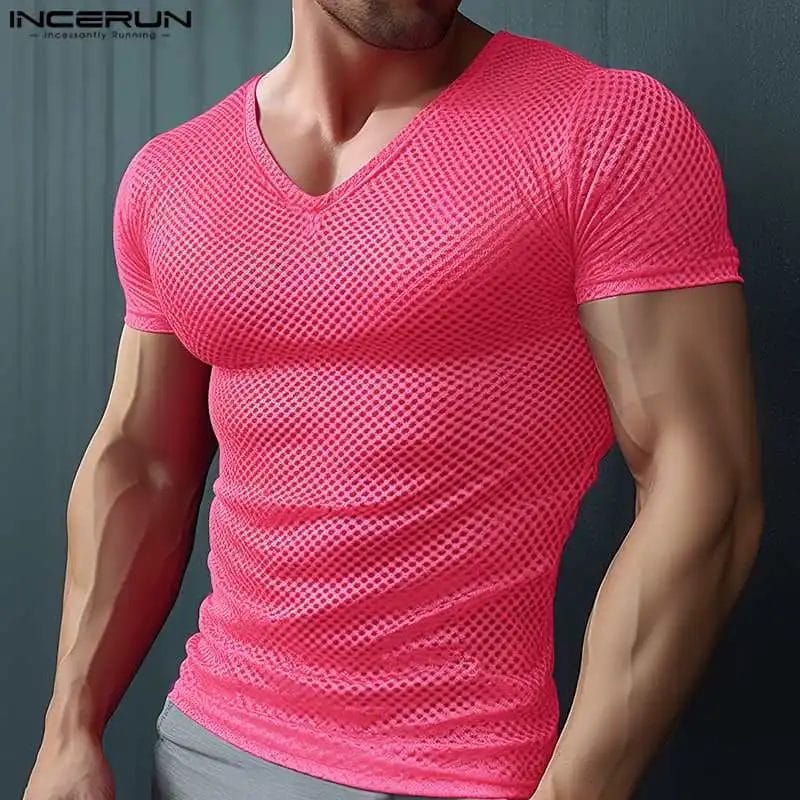 2024 Men T Shirts Mesh Patchwork V Neck Short Sleeve Camisetas Streetwear Transparent Skinny Casual Male Tee Tops S-2XL INCERUN 1