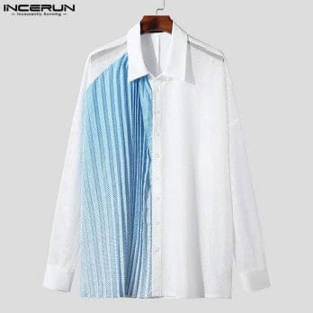2023 Men Shirt Pleated Gradient Patchwork Lapel Long Sleeve Transparent Men Clothing Streetwear Fashion Camisas S-5XL INCERUN 5