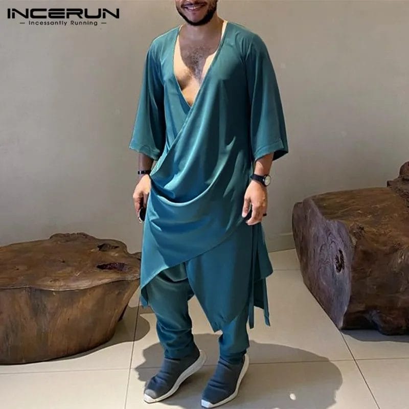 INCERUN 2023 Men Sets V Neck 3/4 Sleeve Lace Up Irregular Shirt Kaftan & Pants 2PCS Solid Muslim Clothing Casual Men Suits S-5XL 1