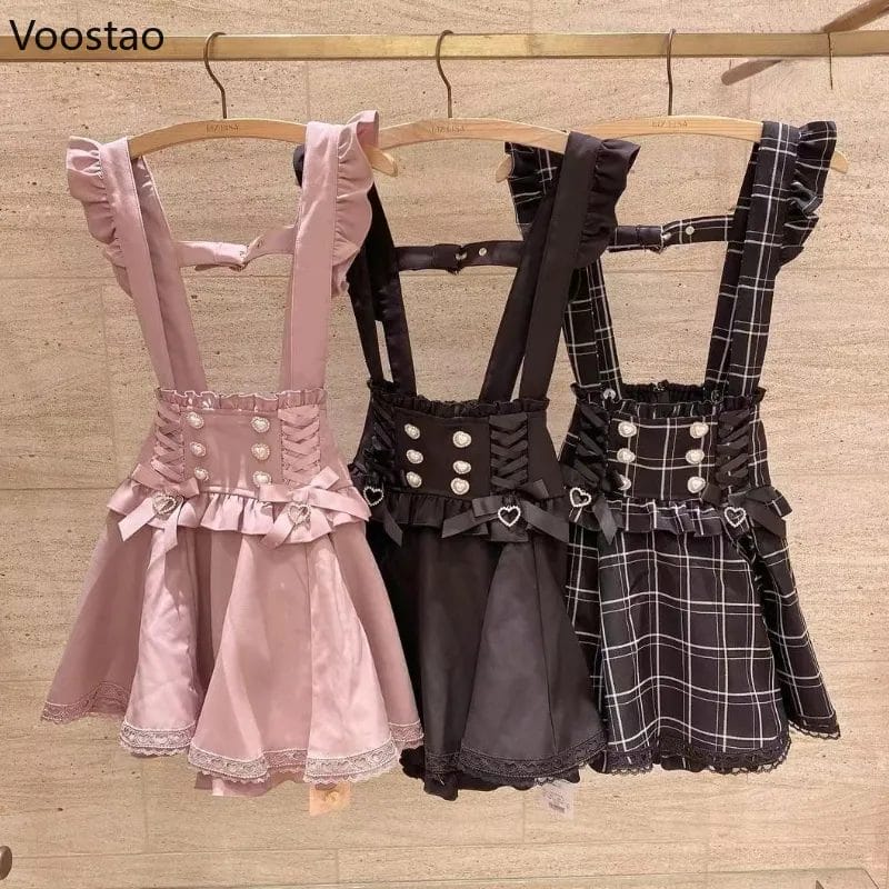 Japanese Gothic Lolita Ribbon Bow Diamond Pearl Buckle Removable Short Suspender Skirt Girls Sweet Cute Lace A-Line Mini Skirts 1