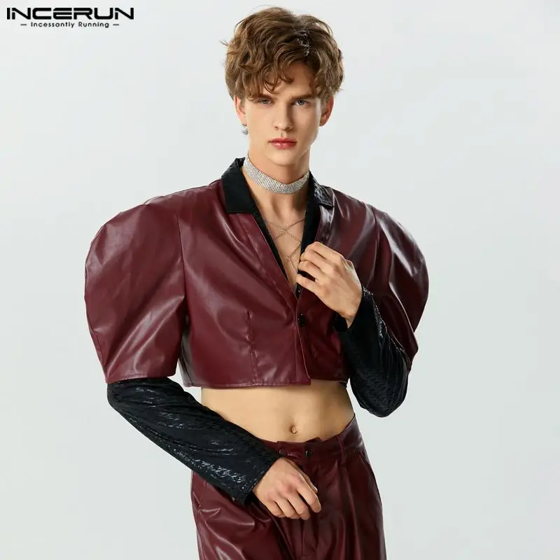 INCERUN 2023 Men Jackets Solid PU Leather One Button Male Crop Coats Streetwear V Neck Puff Short Sleeve Casual Outerwear S-3XL 1