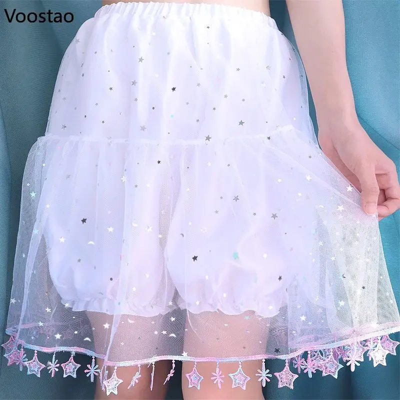 Sweet Lolita Mesh Star Sequin Safety Short Pants Petticoat Pumpkin Shorts Skirt Women Chic Hem Small Star JK Uniform Bloomers 1