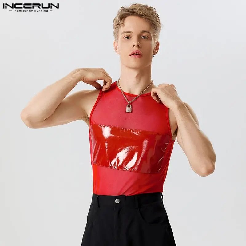 2023 Men Tank Tops Mesh Patchwork See Through Sexy Fitness Fashion Male Vests Shiny Party Streetwear Men Clothing S-5XL INCERUN 1