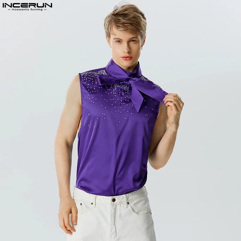 INCERUN 2023 Men Tank Tops Sequins Shiny Stand Collar Tie Up Fashion Sleeveless Vests Summer Streetwear Party Men Clothing S-5XL 1