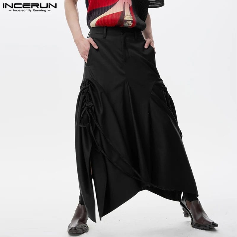 INCERUN 2023 Men Skirts Solid Color Pleated Lace Up Loose Button Unisex Irregular Skirts Streetwear Fashion Men's Bottoms S-5XL 1