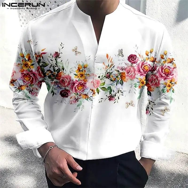 Men Shirt Floral Printing V Neck Long Sleeve Loose Streetwear Casual Men Clothing 2023 Fashion Leisure Camisas S-5XL INCERUN 1