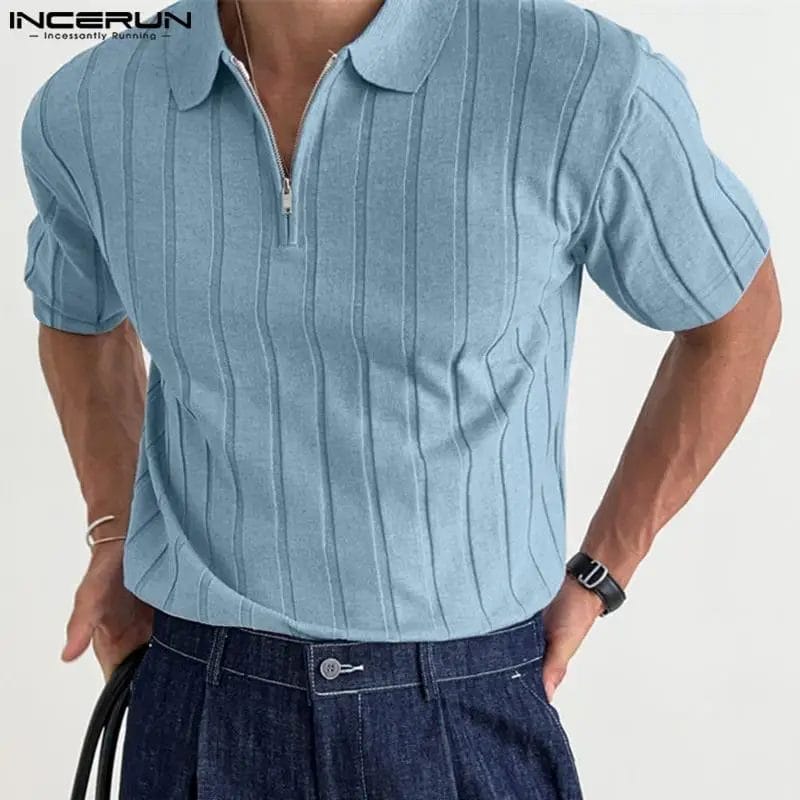 INCERUN Men Casual Shirt Lapel Short Sleeve Streetwear 2024 Zipper Knitted Solid Color Men Clothing Summer Breathable Tee Tops 1