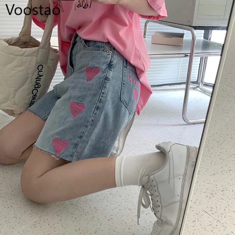 Summer Sweet Love Hearts Embroidery Denim Shorts Women Harajuku Chic Loose Jeans Sweatshorts Cool Girls Casual Punk Short Pants 1
