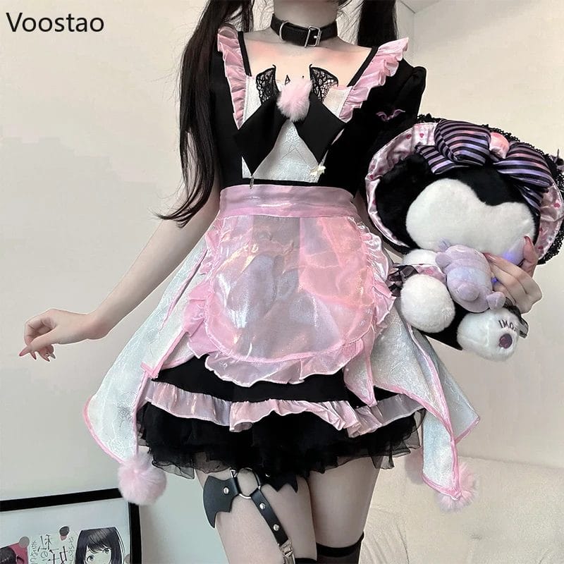 Gothic Lolita Women Party Dress Sexy Little Bat Maid Cosplay Costumes Black Pink Home Pajamas Halloween Role Play Uniform Set 1