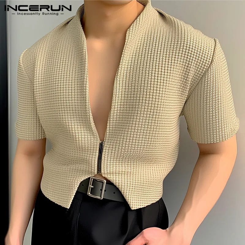 2024 Men Shirt Solid Color V Neck Short Sleeve Zipper Streetwear Men Clothing Stylish Casual Irregular Crop Tops S-5XL INCERUN 1