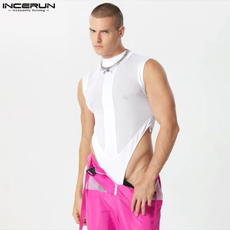 Men Bodysuits Mesh Patchwork Turtleneck Skinny Sleeveless Male Rompers Streetwear 2023 Transparent Sexy Fashion Bodysuit INCERUN 1