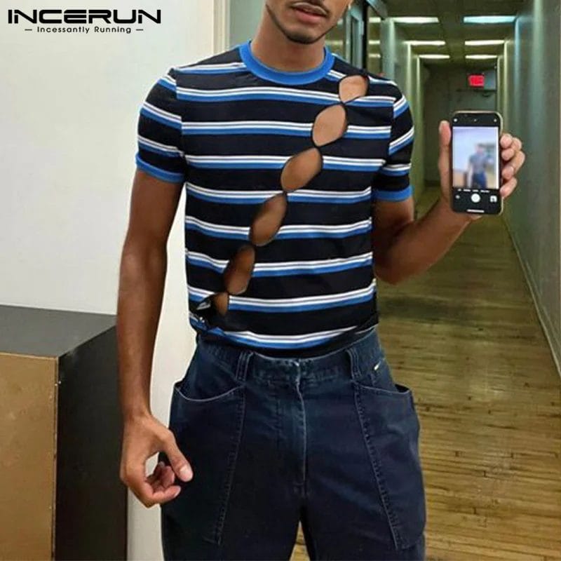 Men T Shirt Striped Hollow Out O-neck Short Sleeve Sexy Color-block Casual Men Clothing Summer 2023 Streetwear Camisetas INCERUN 1