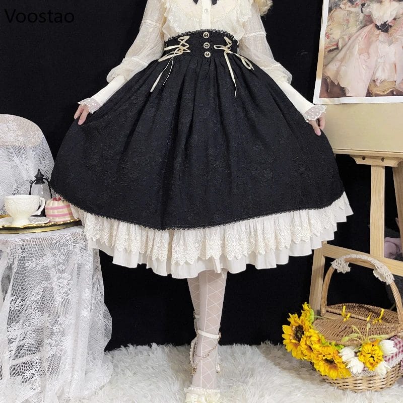 Vintage Victorian Lolita Midi Skirt Women Elegant Lace Patchwork Ruffles Evening Party Skirts Female Gothic Y2k Bandage Falda 1