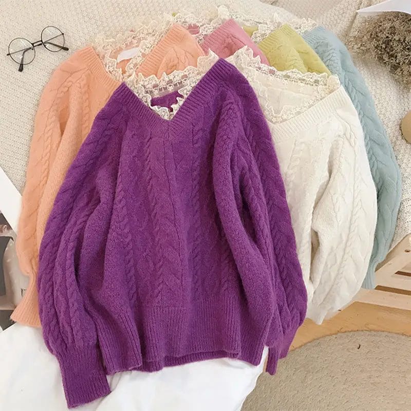 Autumn Winter Women Fashion Korean Chic V-Neck Lace Ruffles Knitted Sweaters Lady Sweet Solid Outwear Tops Ropa Mujers Pullover 1