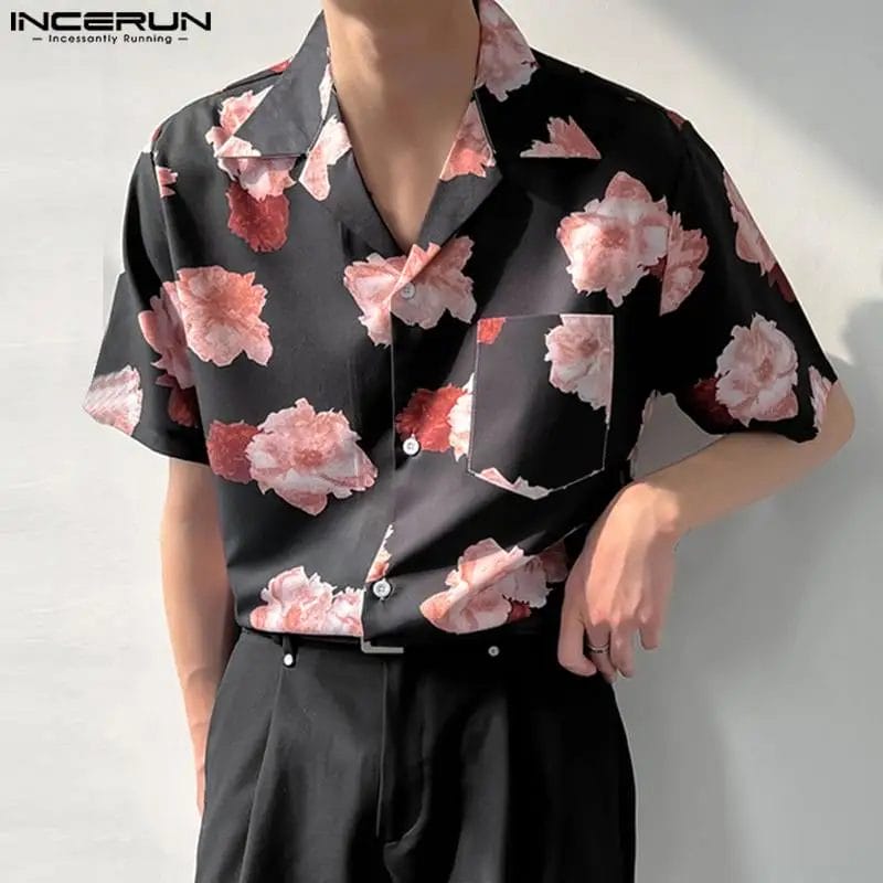 2023 Men Casual Shirt Flower Printing Lapel Short Sleeve Streetwear Hawaiian Shirts Men Summer Vacation Fashion Camisas INCERUN 1