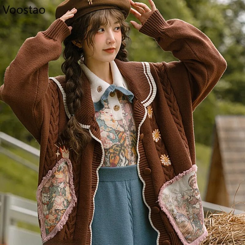 Kawaii Cartoon Jacquard Cardigan Women Vintage Jk Uniform Sweater Coat Autumn Winter Girls Y2k Knitted Tops Sueters De Mujer 1