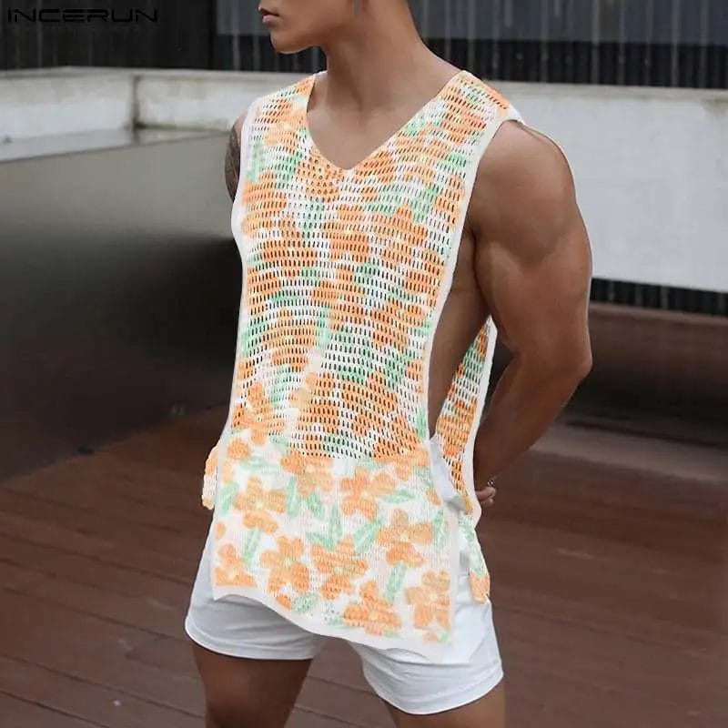Men Tank Tops Flower Print Mesh Transparent Sexy Lace Up V Neck Hollow Out Sleeveless Male Vests Streetwear Men Clothing INCERUN 1