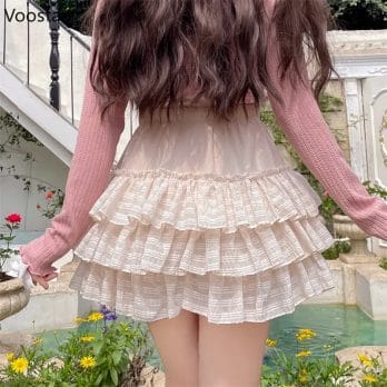Japanese Kawaii Lolita Mini Skirt Women Summer Cute High Waist Bow Ruffles Tiered Skirts Girly Korean Fashion Princess Skirts 3