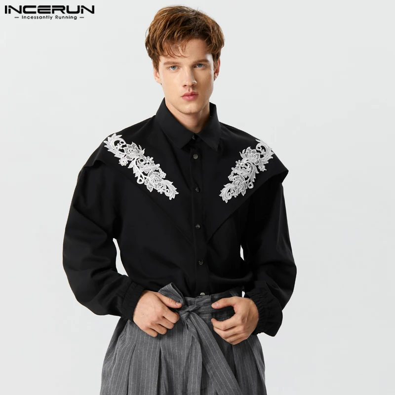 2023 Men Shirts Lace Patchwork Lapel Long Sleeve Button Casual Men Clothing Streetwear Autumn Fashion Leisure Camisas INCERUN 1