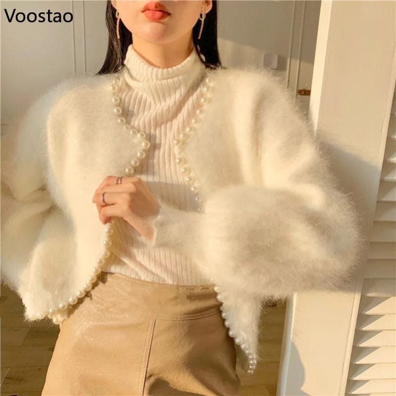 Autumn Women Elegant Pearls Beaded Mink Cashmere Knitted Cardigan Tops Knitwear Jacket Female Sweet Wool Mohair Sweater Coat 1
