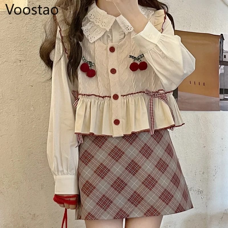 Spring Autumn Kawaii Knitted Sweater Vest Women Chic Patchwork Sweet JK Cardigan Japanse Cute Lolita Cherry Sleeveles Waistcoat 1