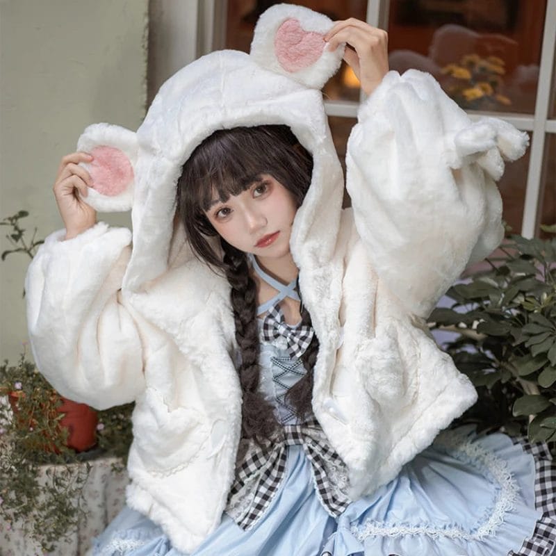 Japanese Kawaii Lolita Soft Plush Coat Autumn Winter Women Sweet Warm Jacket Cute Bear Ears Hooded Coats Girls Harajuku Outwear 1