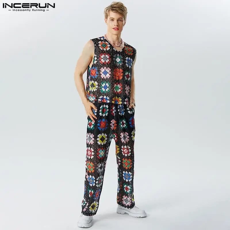 Men Sets Lace Flower Printing Transparent Sexy V Neck Sleeveless Tank Tops & Pants 2PCS Streetwear 2023 Men Suits S-5XL INCERUN 1