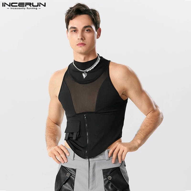 Men Tank Tops Mesh Patchwork O-neck Zipper Sleeveless Irregular Vests Men Streetwear 2023 Transparent Fashion Tops S-5XL INCERUN 1