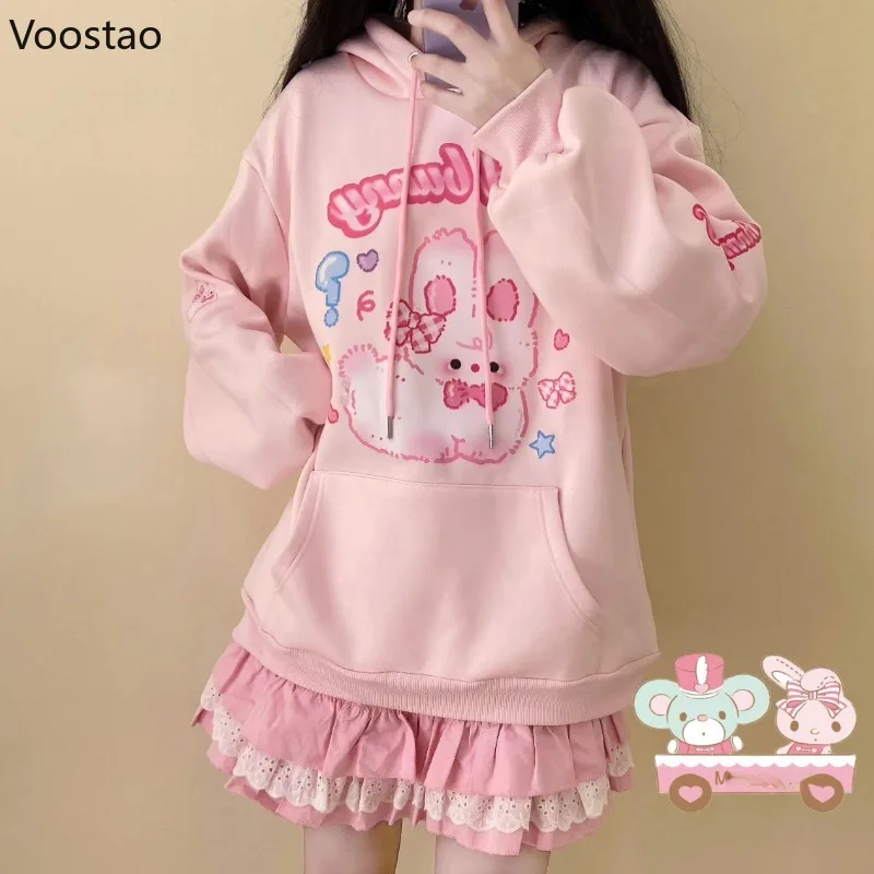 Spring Autumn Sweet Lolita Hooded Sweatshirts Women Kawaii Cartoon Bunny Print Loose Hoodies Girls Cute Student Pullover Tops 1