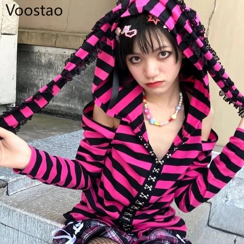Spring Autumn Harajuku Punk Hoodies Women Gothic Long Sleeve Off Shoulder Striped Long Ears Hooded Sweatshirts Girly Y2K Coats 1