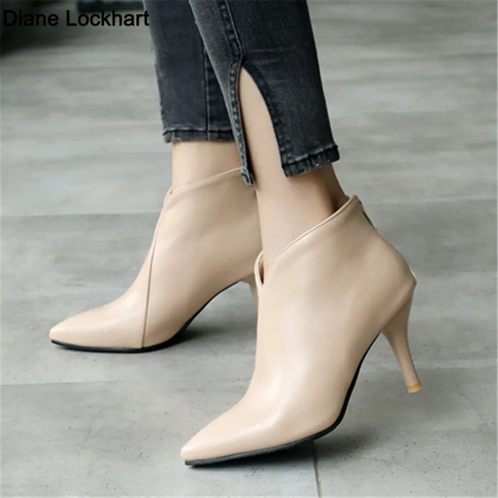 Women Shoes Fashion Metal Zipper Ankle Boots Ladies Elegant Short Plush Sexy Thin Heels Boats Mujer For Girls Size 32-43 Beige 1