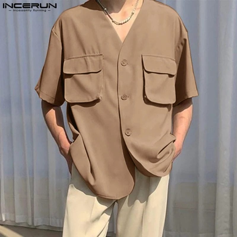 2024 Men's Shirt Solid Color V Neck Long Sleeve Streetwear Pockets Men Clothing Loose Korean Fashion Casual Shirts S-5XL INCERUN 1