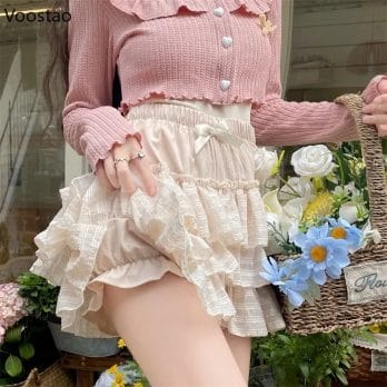 Japanese Kawaii Lolita Mini Skirt Women Summer Cute High Waist Bow Ruffles Tiered Skirts Girly Korean Fashion Princess Skirts 4